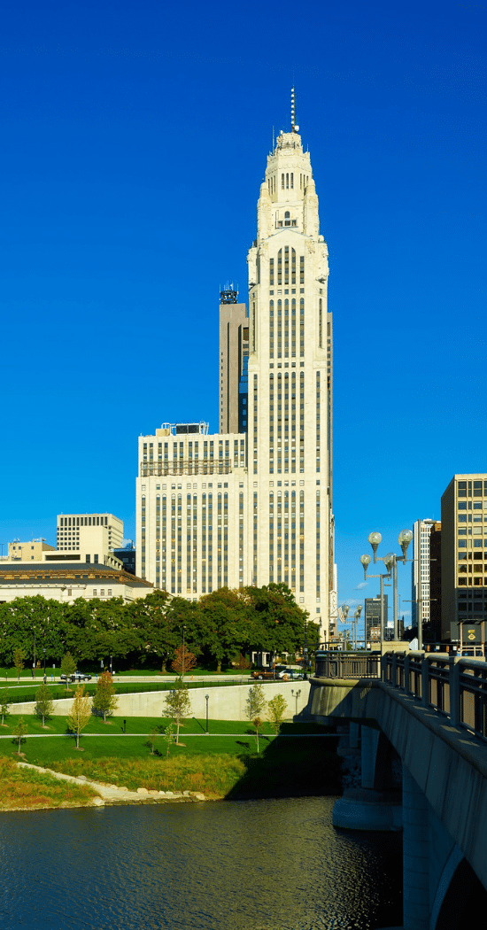 Tech Staffing Columbus OH - image of building in downtown Columbus, OH from riverfront with bridge